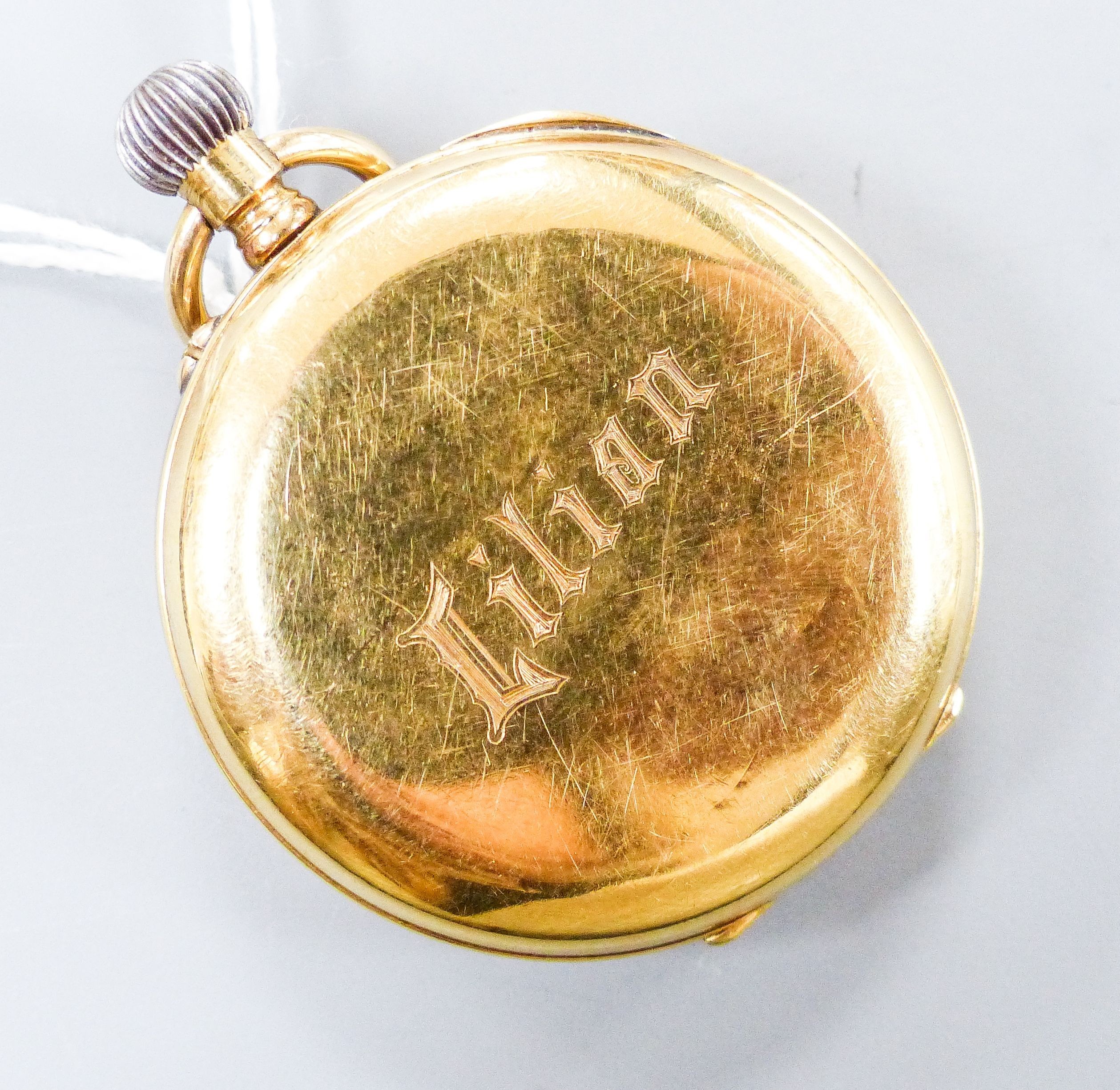 A continental 18k and enamel half hunter pocket watch, case diameter, 38mm, gross weight 42.2 grams.